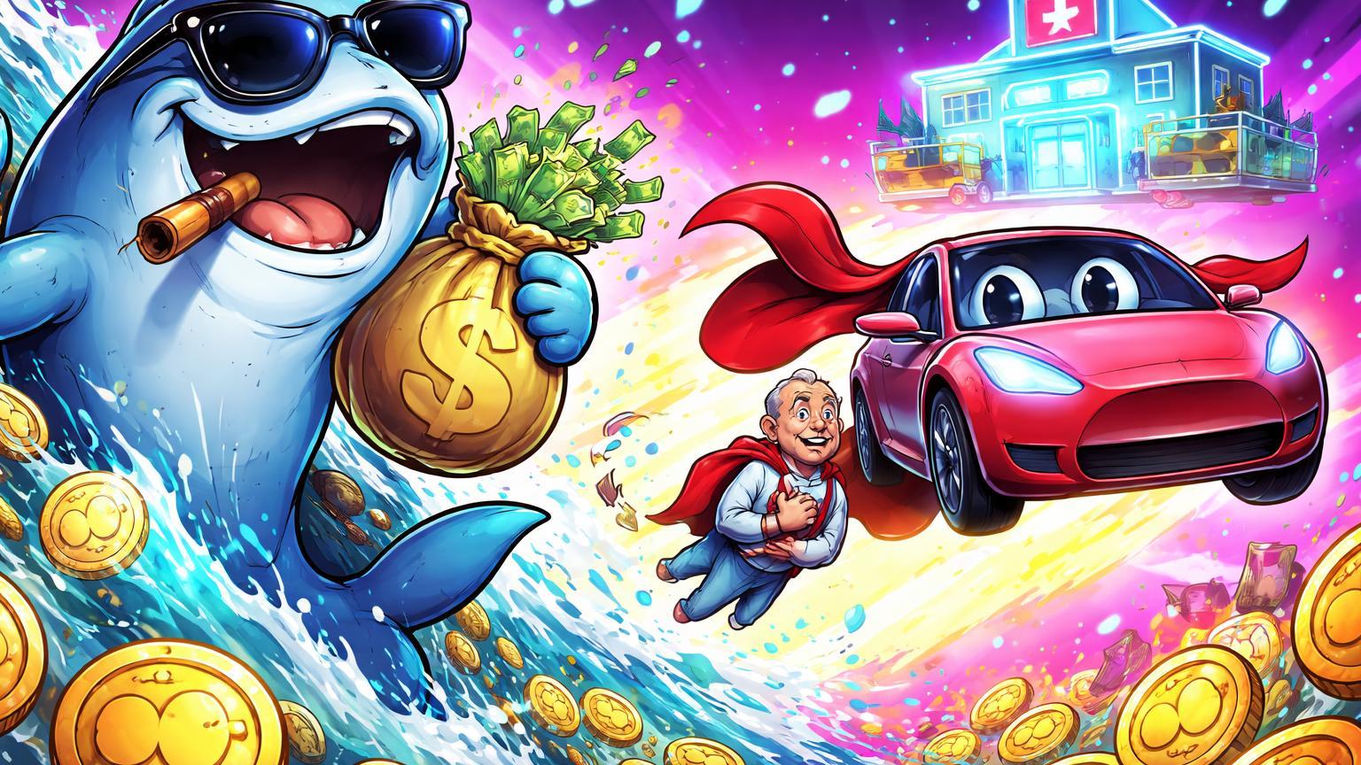 Baleia cartoon surfando onda de moedas Buttcoin com lucros, enquanto Tesla heroico salva homem infartado, absurdos cripto-tech
