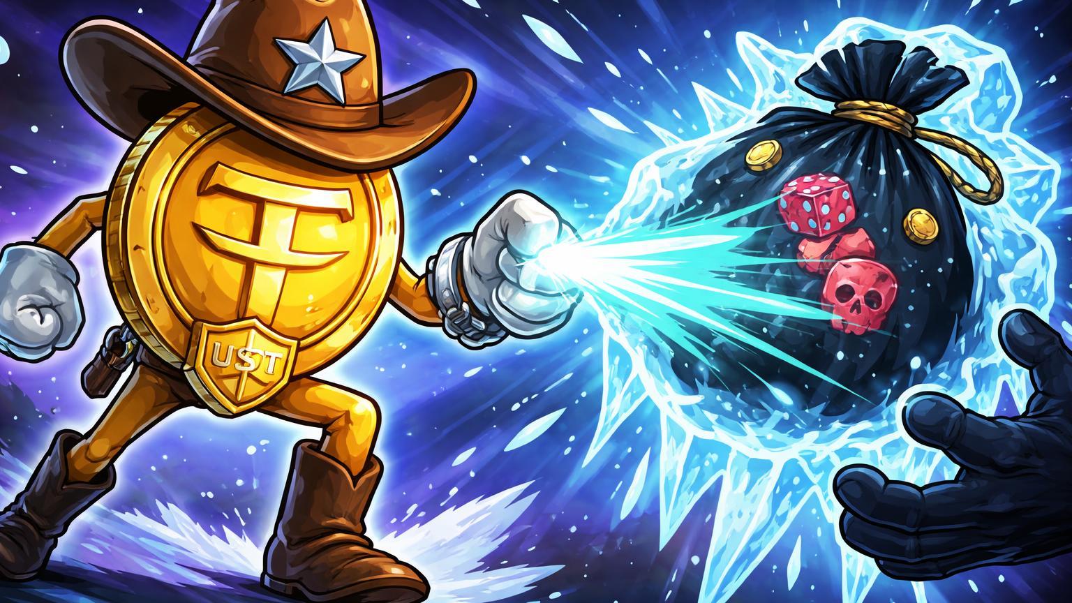 Personagem USDT cartoon como xerife congelando carteira ilegal com gelo, com corrente sutil simbolizando riscos de centralização da Tether