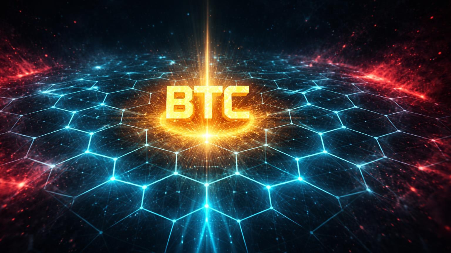 Rede hexagonal translucida de mineracao Bitcoin com bordas dissolvendo em vermelho, simbolizando queda de 11% na dificuldade comparada a 2021