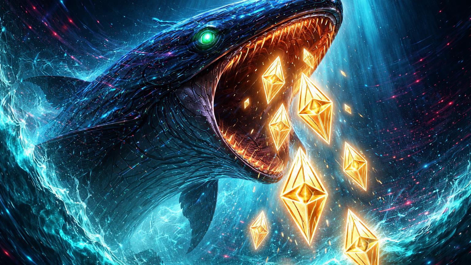 Baleia surreal digital devorando cristais ETH em oceano turbulento de dados, simbolizando acumulação de baleias durante dip de mercado