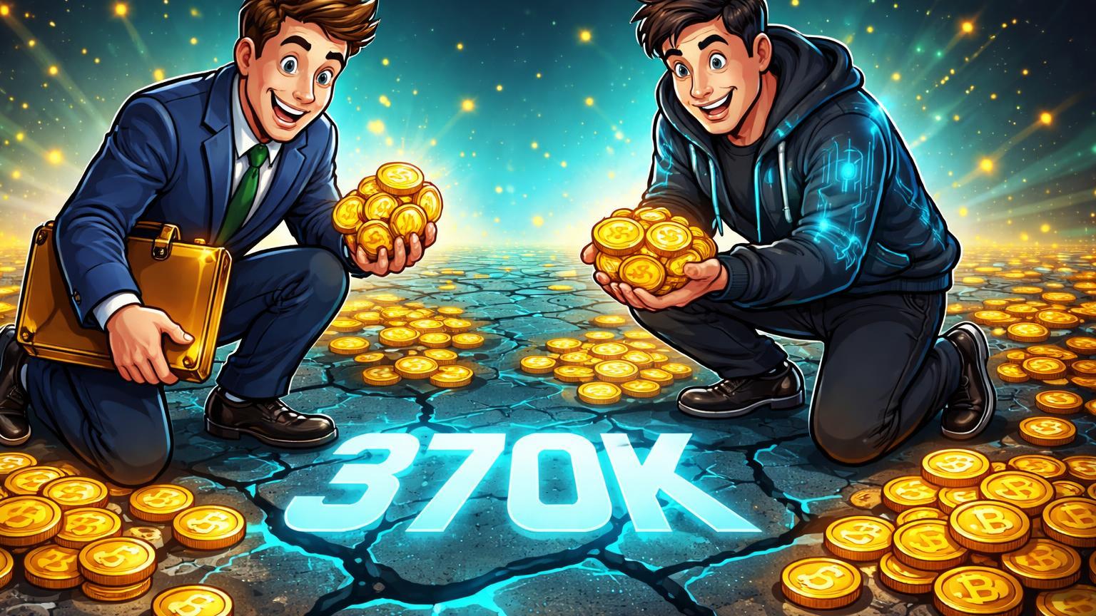 Executivos cartoon de Fidelity e Bitwise coletando Bitcoins dourados espalhados no chao digital com 370K rachado, simbolizando oportunidade de compra