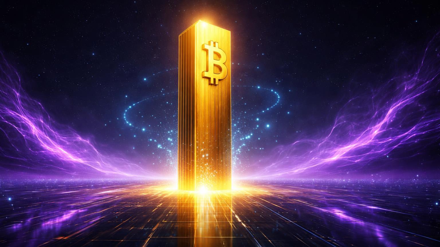 Pilar dourado de Bitcoin firme contra ondas quânticas roxas dissipando no horizonte, simbolizando risco controlável e distante