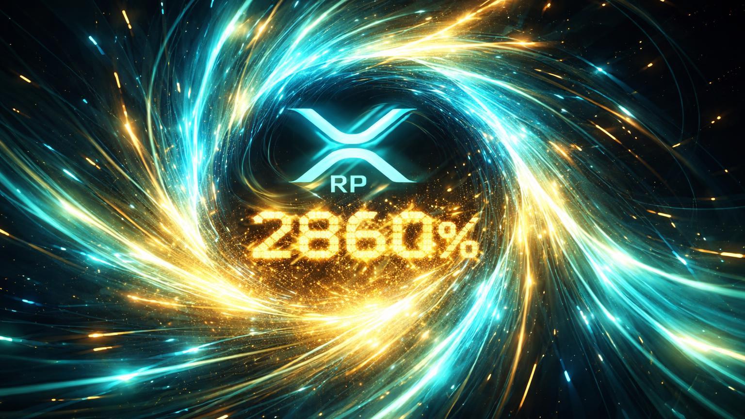 Vórtice cyan neon com XRP e 2860% no núcleo expandindo fluxos dourados, simbolizando salto de 2.860% nos fluxos spot de XRP