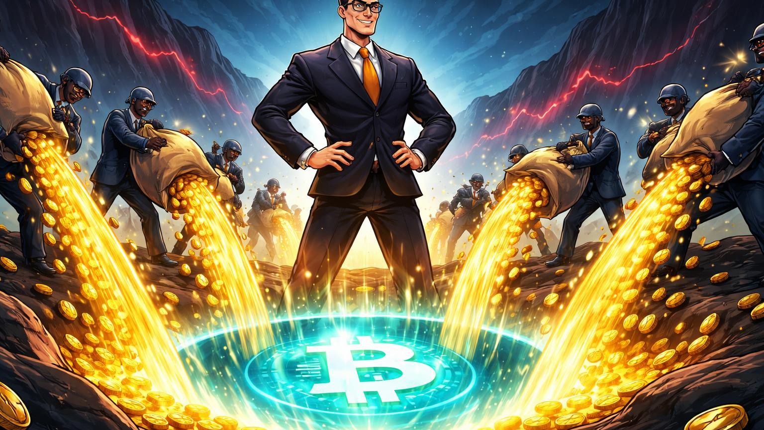 Executivo institucional cartoon liderando influxos dourados para núcleo Bitcoin em vale sombrio, simbolizando domínio BlackRock em ETFs e possível fundo de mercado