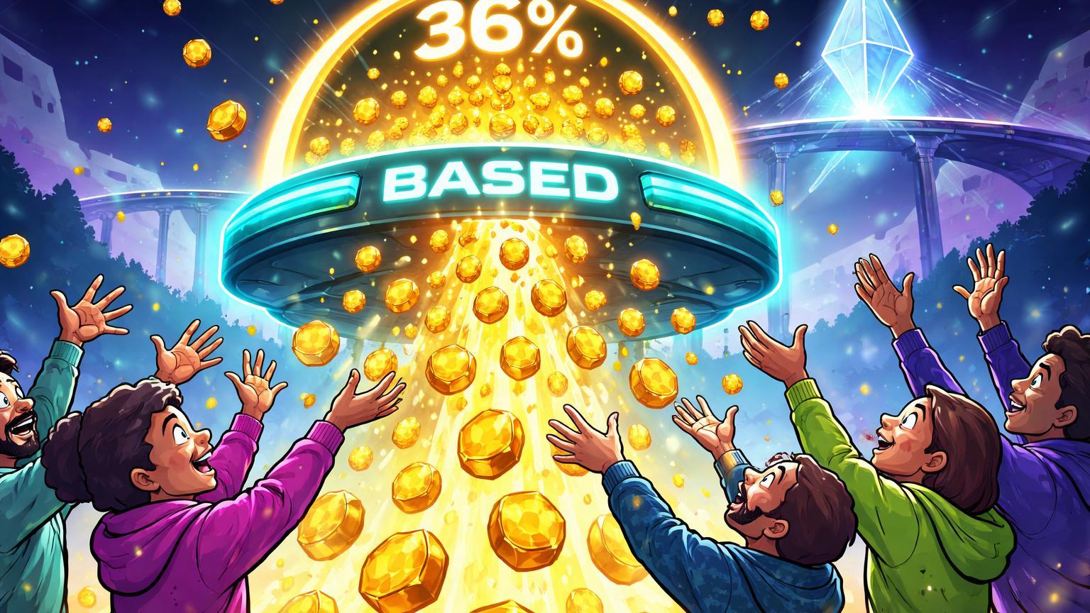 Personagens cartoon da comunidade recebendo tokens BASED sem travas de plataforma elevada com '36%' luminoso, simbolizando airdrop generoso
