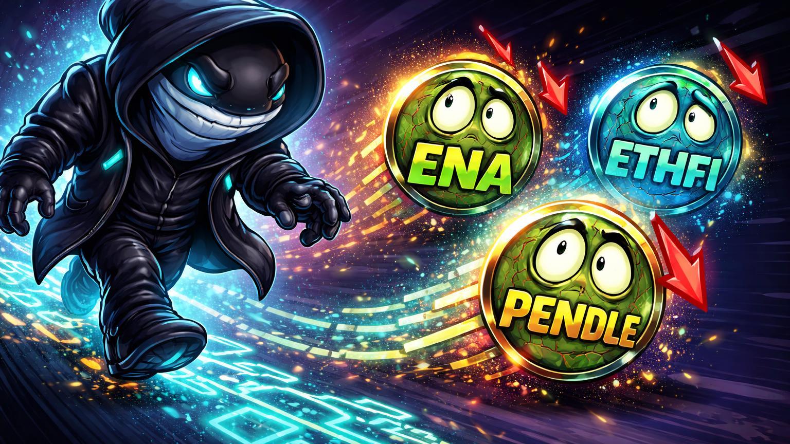Trader baleia cartoon deixando rastros on-chain luminosos impactando nós DeFi ENA, ETHFI e PENDLE, simbolizando movimentações suspeitas