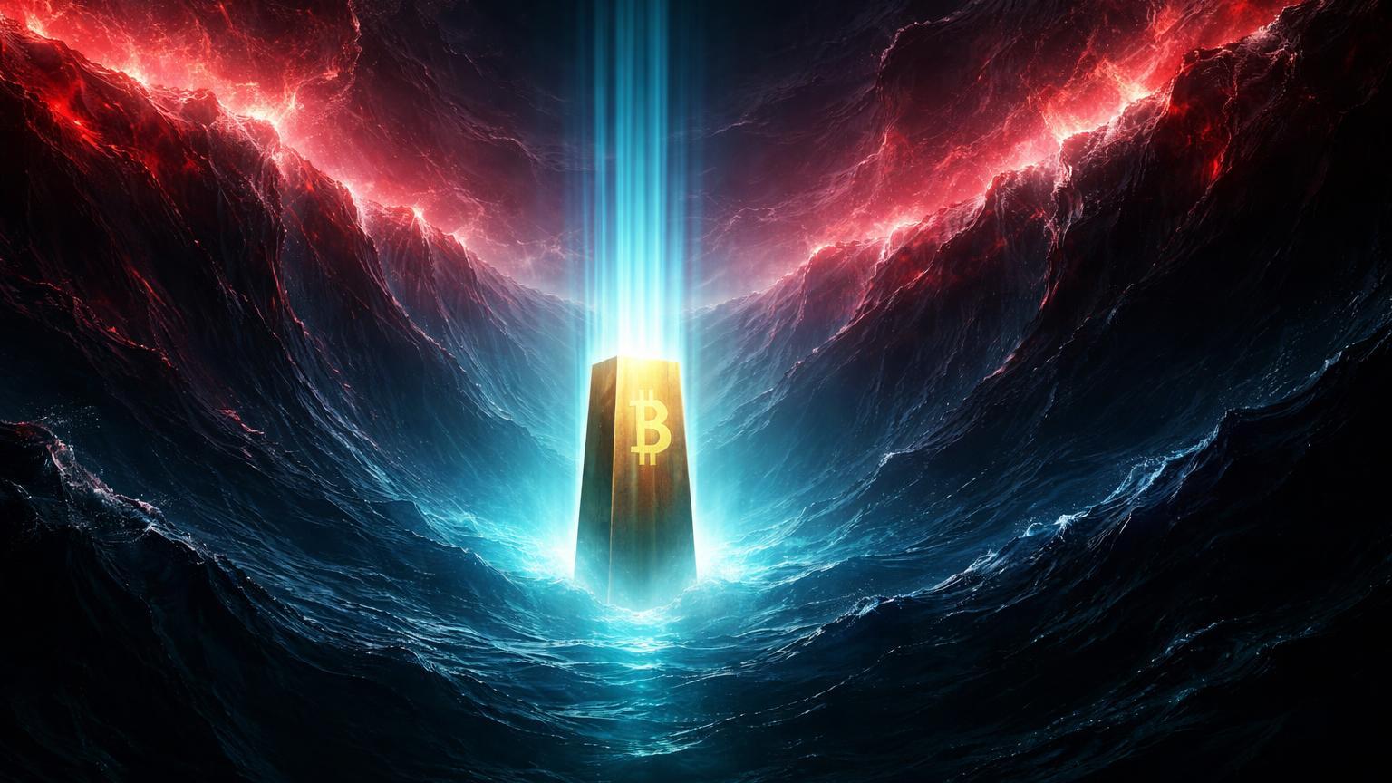 Ondas turbulentas vermelhas colidindo sobre monolito dourado de Bitcoin no fundo de abismo digital, simbolizando medo extremo e possível fundo de mercado