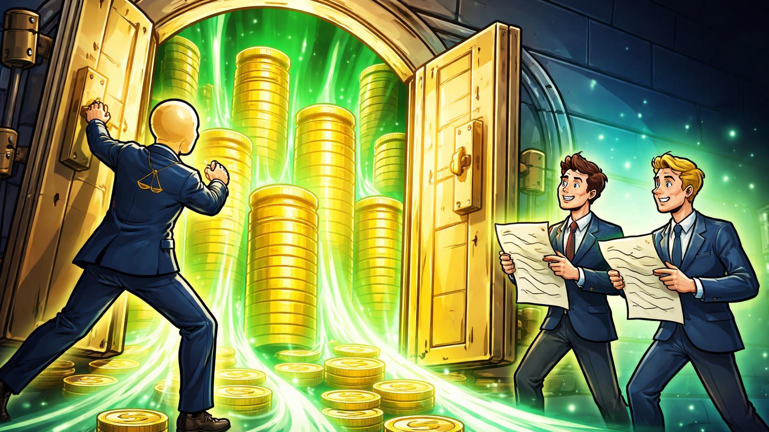 Regulador cartoon abrindo portas de cofre liberando stablecoins bancárias como colateral para traders de futuros, sinalizando aprovação da CFTC