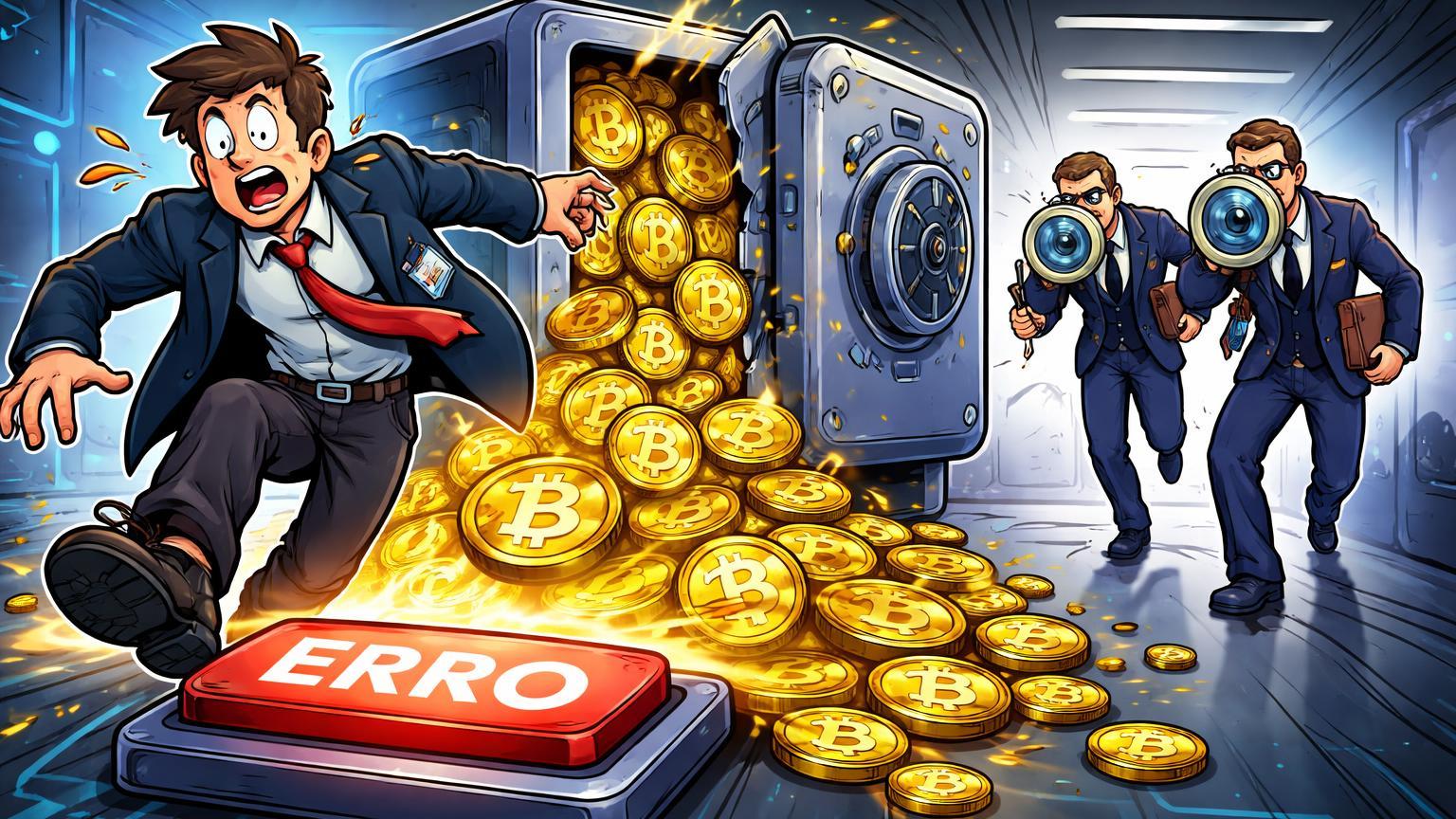 Personagem cartoon de operador tropeçando em botão de erro liberando moedas Bitcoin, com reguladores investigando, simbolizando falha na Bithumb
