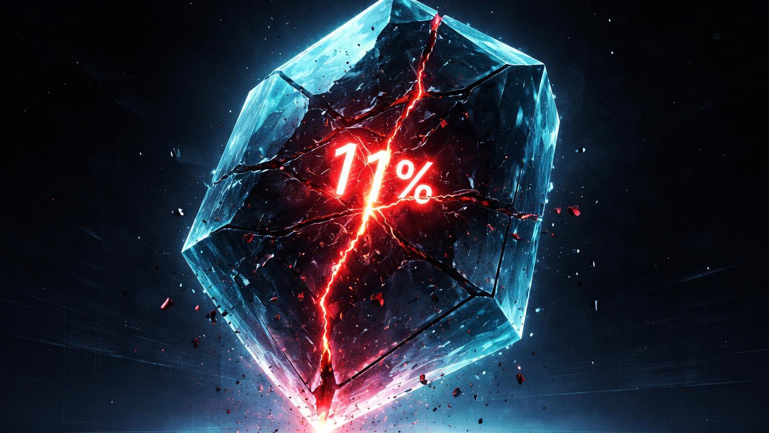 Cristal hexagonal de dificuldade Bitcoin contraindo com rachadura '11%' vermelha, representando maior queda de mineração em 5 anos