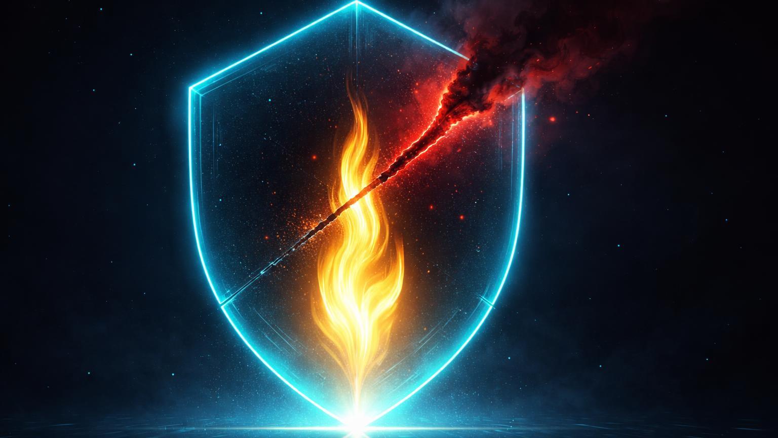 Chama dourada tremeluzindo dentro de escudo cyan rachado com vazamento vermelho, representando rally fragil do Bitcoin e riscos de seguranca