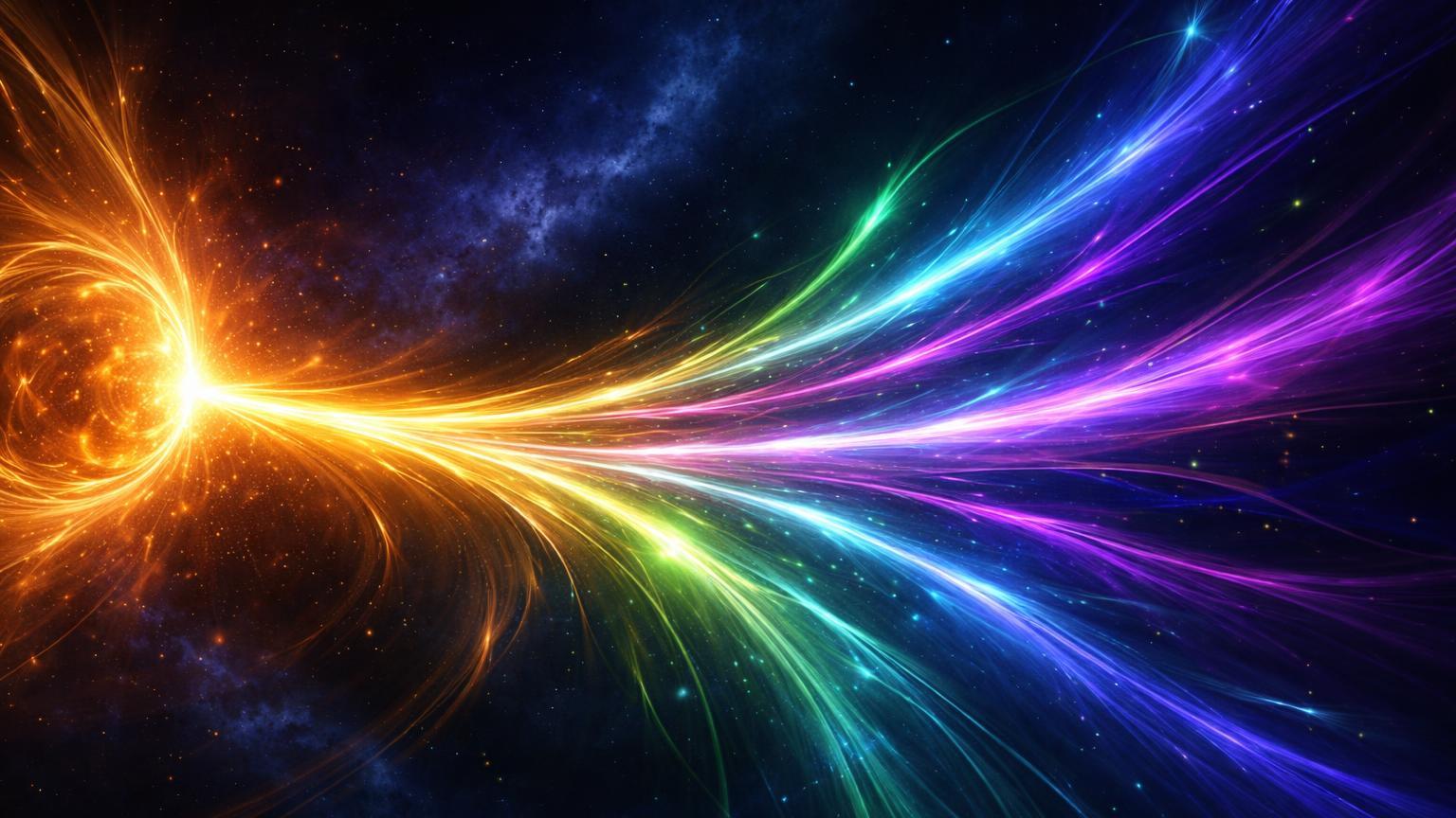 Fluxo dourado de energia ramificando em feixes coloridos cyan, verde e magenta, ilustrando rotação de capital de Bitcoin para altcoins