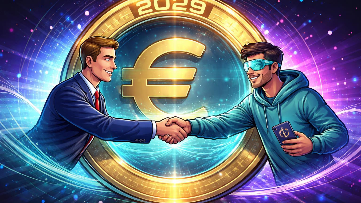 Banqueiro europeu e trader cripto cartoon unindo mãos por portal euro digital com 2029, ilustrando lançamento do euro digital pelo BCE