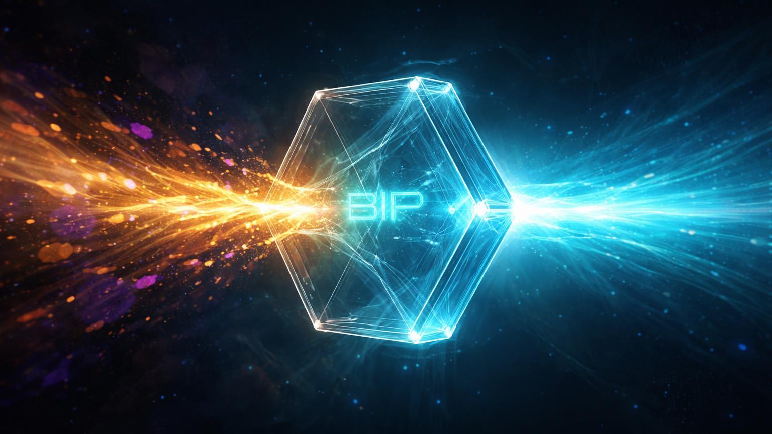 Filtro cristalino hexagonal purificando fluxo dourado de dados em rede digital, simbolizando proposta BIP-110 para Bitcoin puro