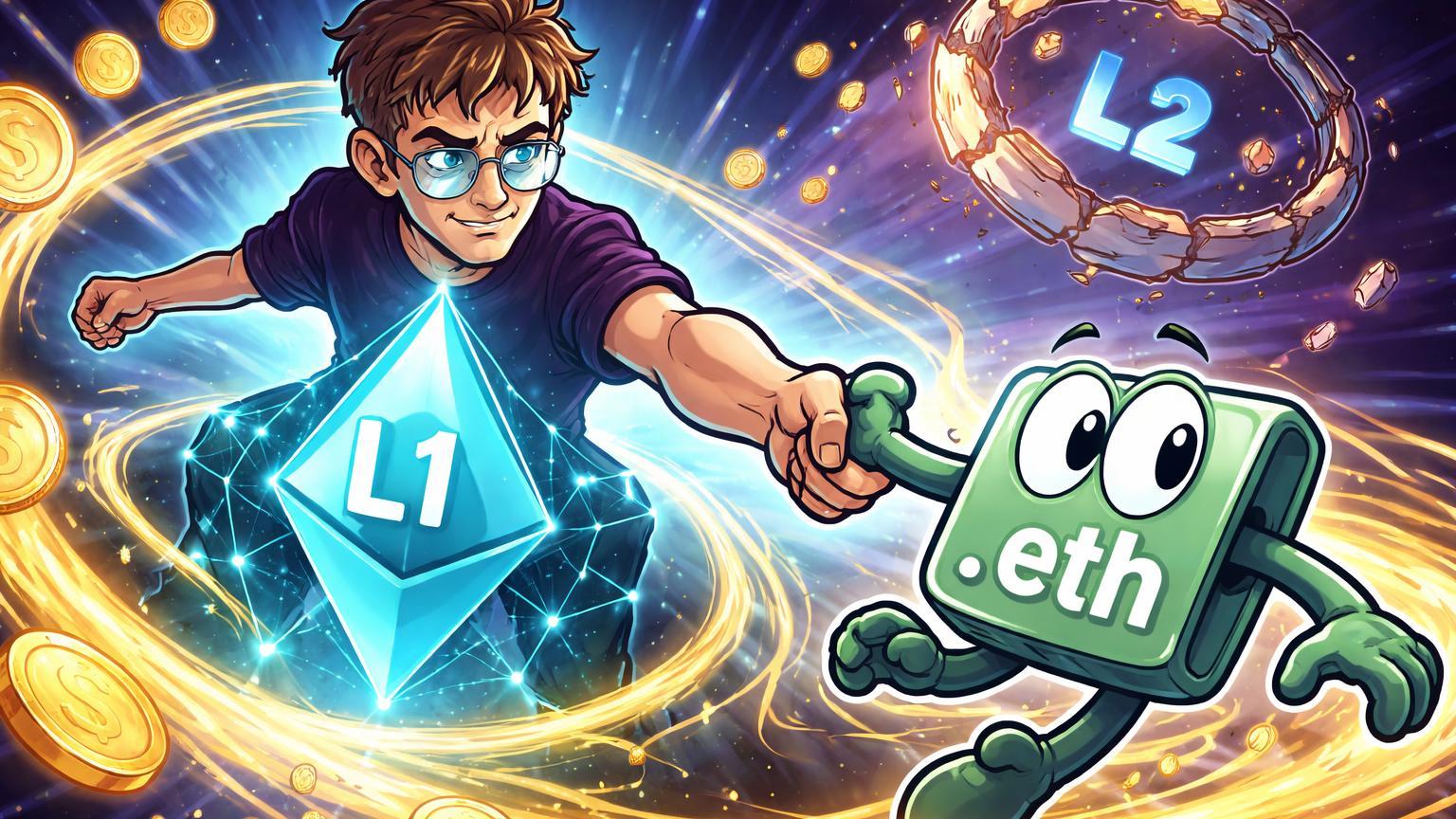 Vitalik cartoon puxando ENS de órbita L2 para nüleo Ethereum pulsante com fluxos DeFi, simbolizando retorno à L1 e visão de stablecoins verdadeiros