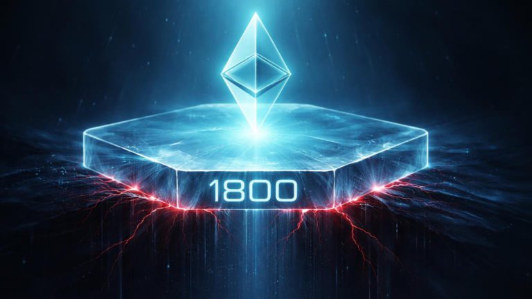 Plataforma glassmorphism cyan flutuante com rachaduras vermelhas na base gravada 1800, simbolizando teste de suporte crítico do Ethereum