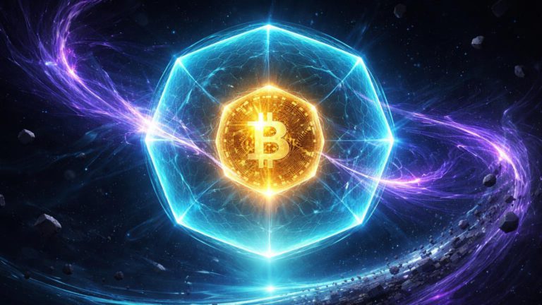 Núcleo Bitcoin dourado protegido por barreira hexagonal cyan contra ondas quânticas roxas e filtro de spam, destacando riscos limitados e BIP-110