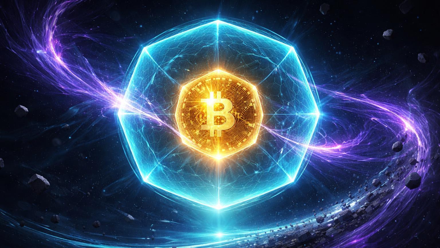 Núcleo Bitcoin dourado protegido por barreira hexagonal cyan contra ondas quânticas roxas e filtro de spam, destacando riscos limitados e BIP-110