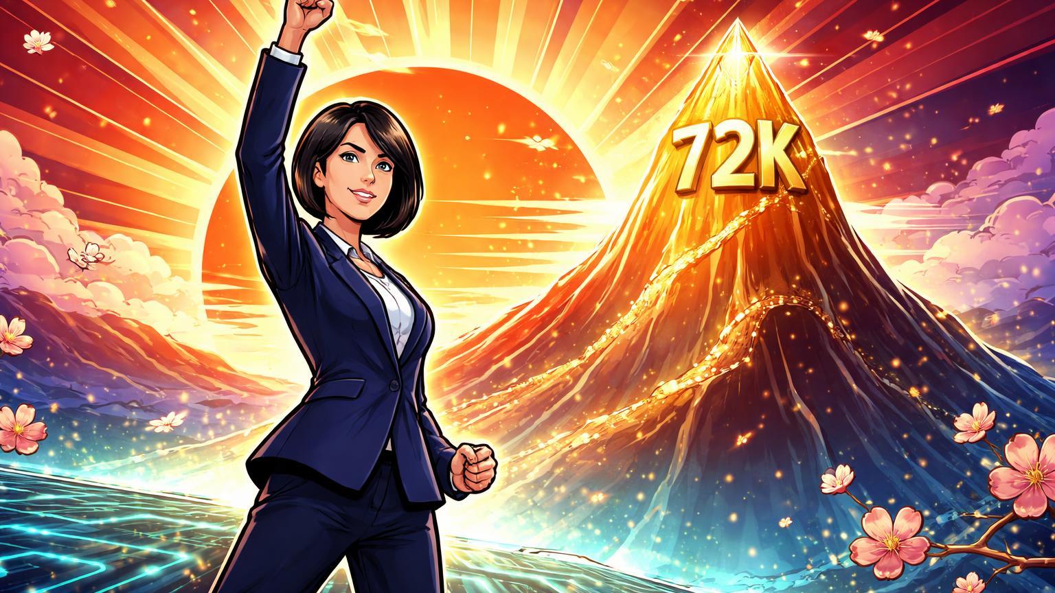 Política japonesa cartoon em pose vitoriosa com sol nascente formando pico de 72K, simbolizando impulso do Nikkei ao Bitcoin