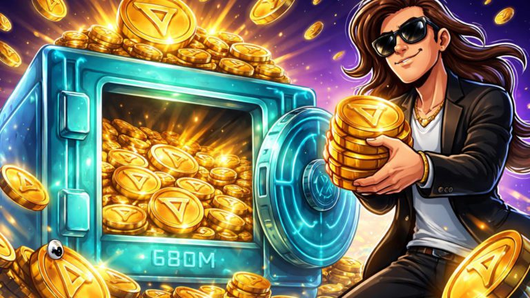 Líder cartoon estilizado depositando pilhas de tokens TRX em cofre transbordante cyan, simbolizando recompra e tesouro fortalecido da Tron