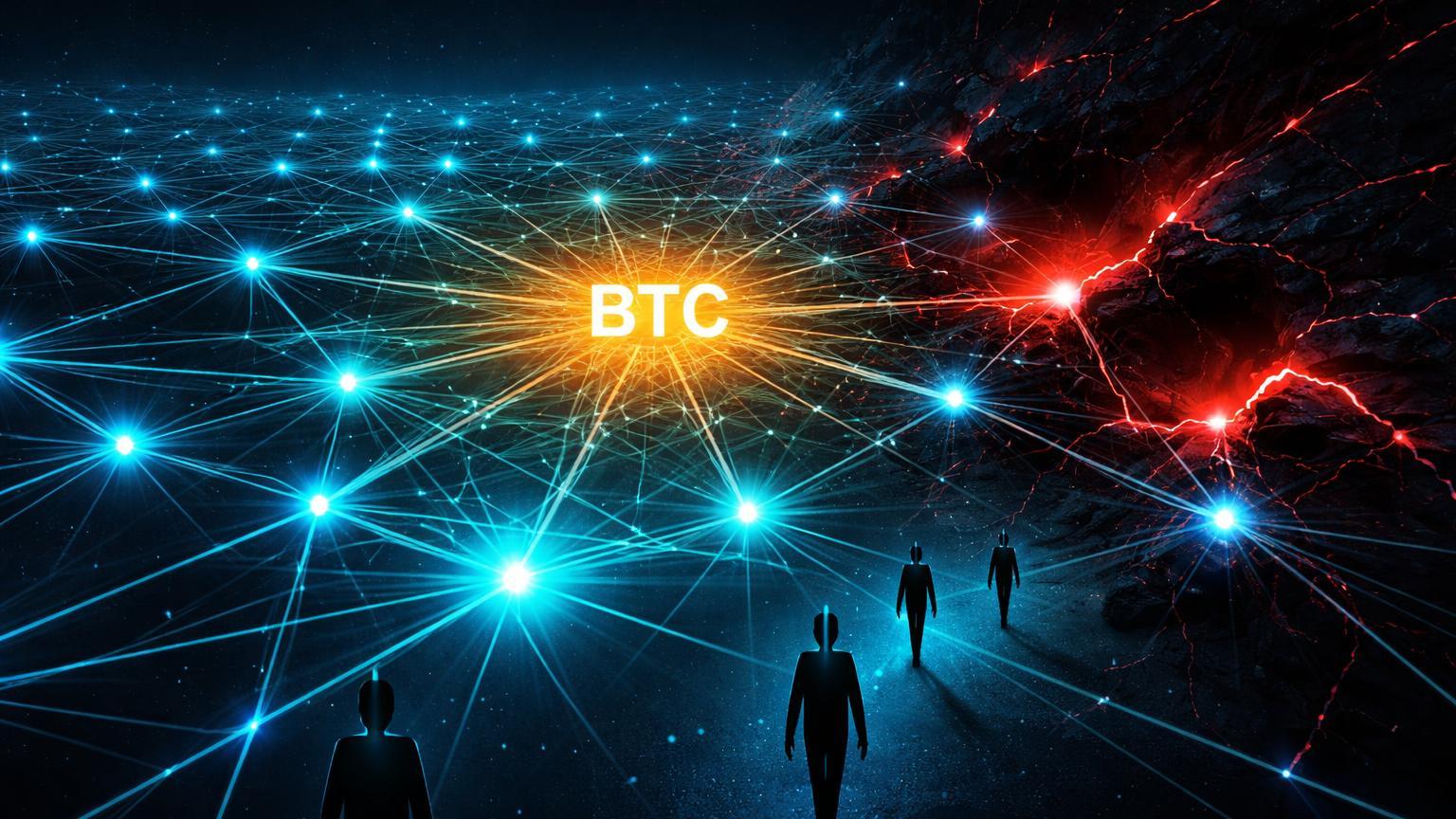 Rede cyber de nós cyan com 10% escurecidos e silhuetas de mineradores abandonando, ilustrando queda no hashrate Bitcoin