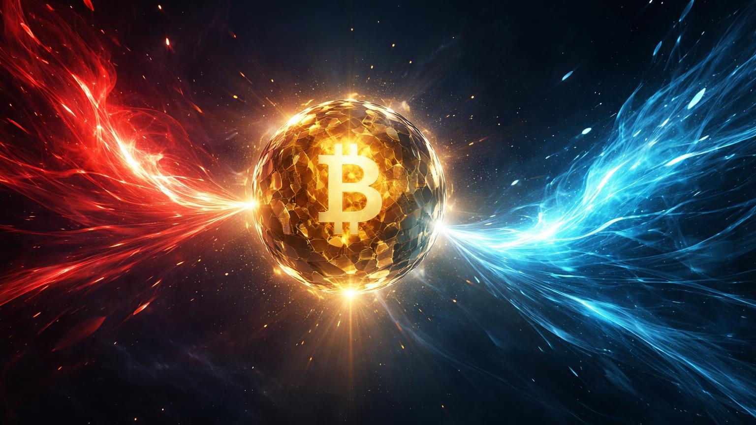 Núcleo cristalino Bitcoin sob tensão entre ondas de energia vermelha e azul-cyan de CPI e emprego, definindo rumos do mercado cripto