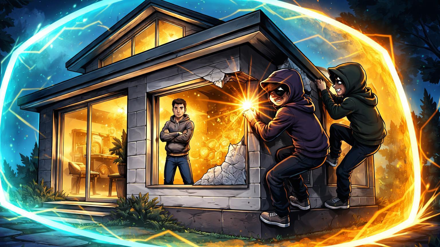 Casa high-tech com escudo digital rachado por invasores adolescentes cartoon, alertando sobre riscos físicos a fortunas em criptomoedas