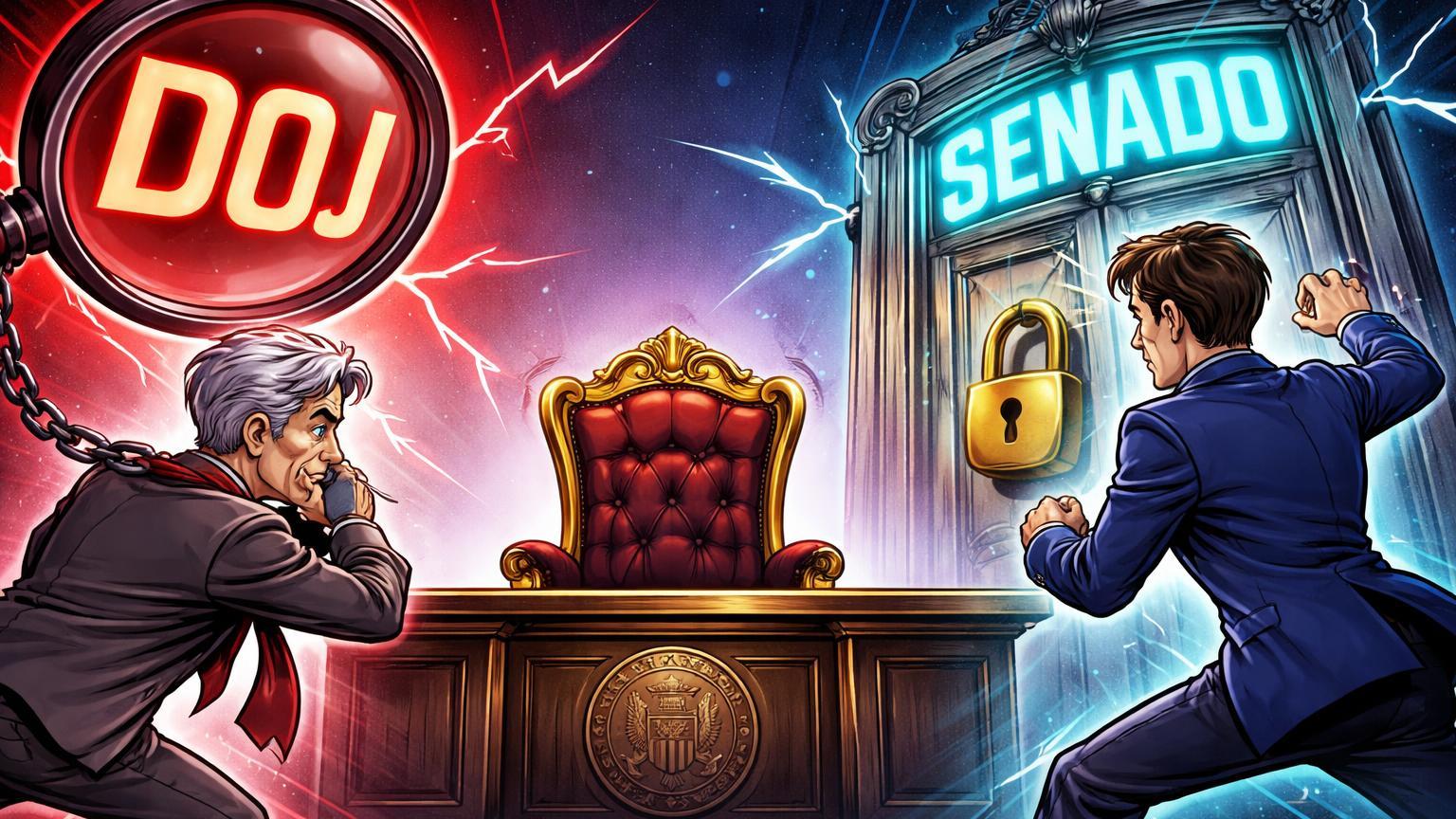 Personagens cartoon de Powell algemado por lupa DOJ e Warsh batendo em porta Senado sobre cadeira vazia do Fed, ilustrando impasse político