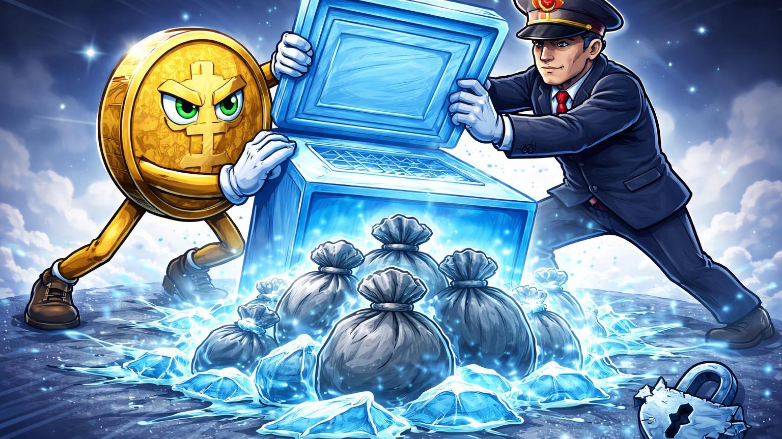 Personagens cartoon de Tether e autoridade turca congelando sacos de fundos ilícitos com gelo, simbolizando cooperação em compliance global