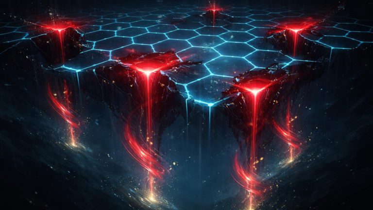 Rede hexagonal cyan com brechas vermelhas drenando fluxos dourados, representando golpes e hacks drenando US$62M no Ethereum
