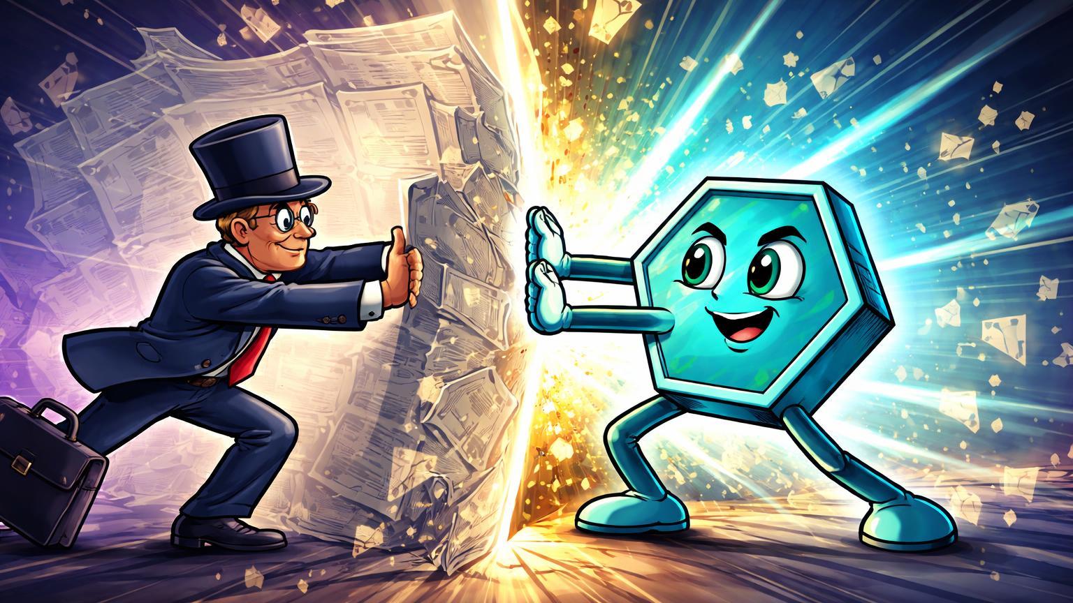 Personagens cartoon de banqueiro e XRPL removendo barreira de compliance translúcida, revelando luz institucional e simbolizando adoção por bancos