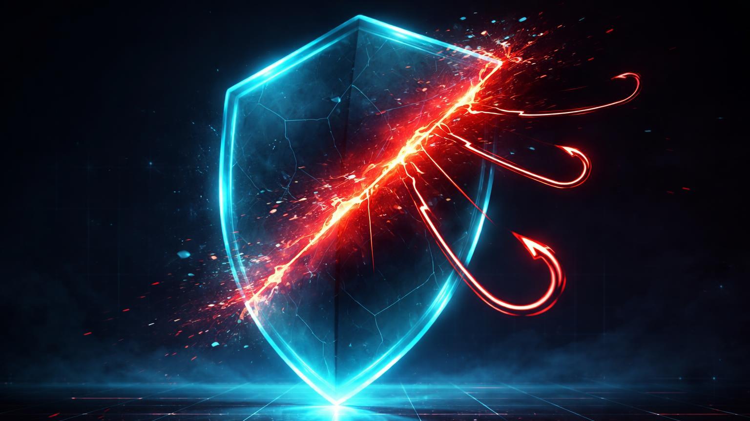 Escudo hexagonal cyan com brecha vermelha liberando ganchos phishing, representando hack na conta oficial da Flare Networks