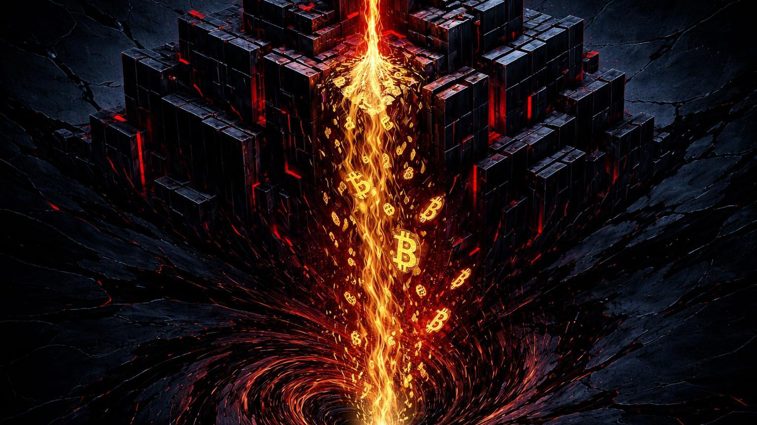 Fortaleza de mina digital brutalista rachando com fluxo dourado-vermelho de BTC despejado em vórtice, sinalizando capitulação das mineradoras