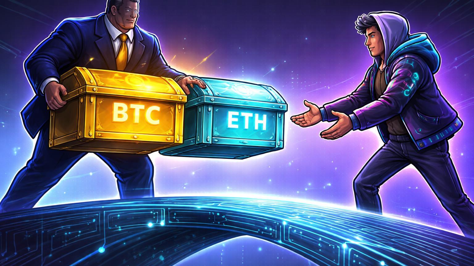 Executivos cartoon estilizados transferindo baûs BTC e ETH sobre ponte digital, representando movimentação on-chain da BlackRock para Coinbase