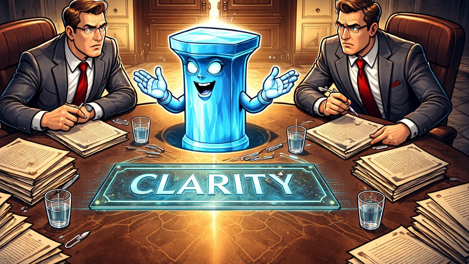 Personagens cartoon em reunião fechada sobre stablecoin e placa CLARITY em mesa oval, ilustrando debates do CLARITY Act na Casa Branca