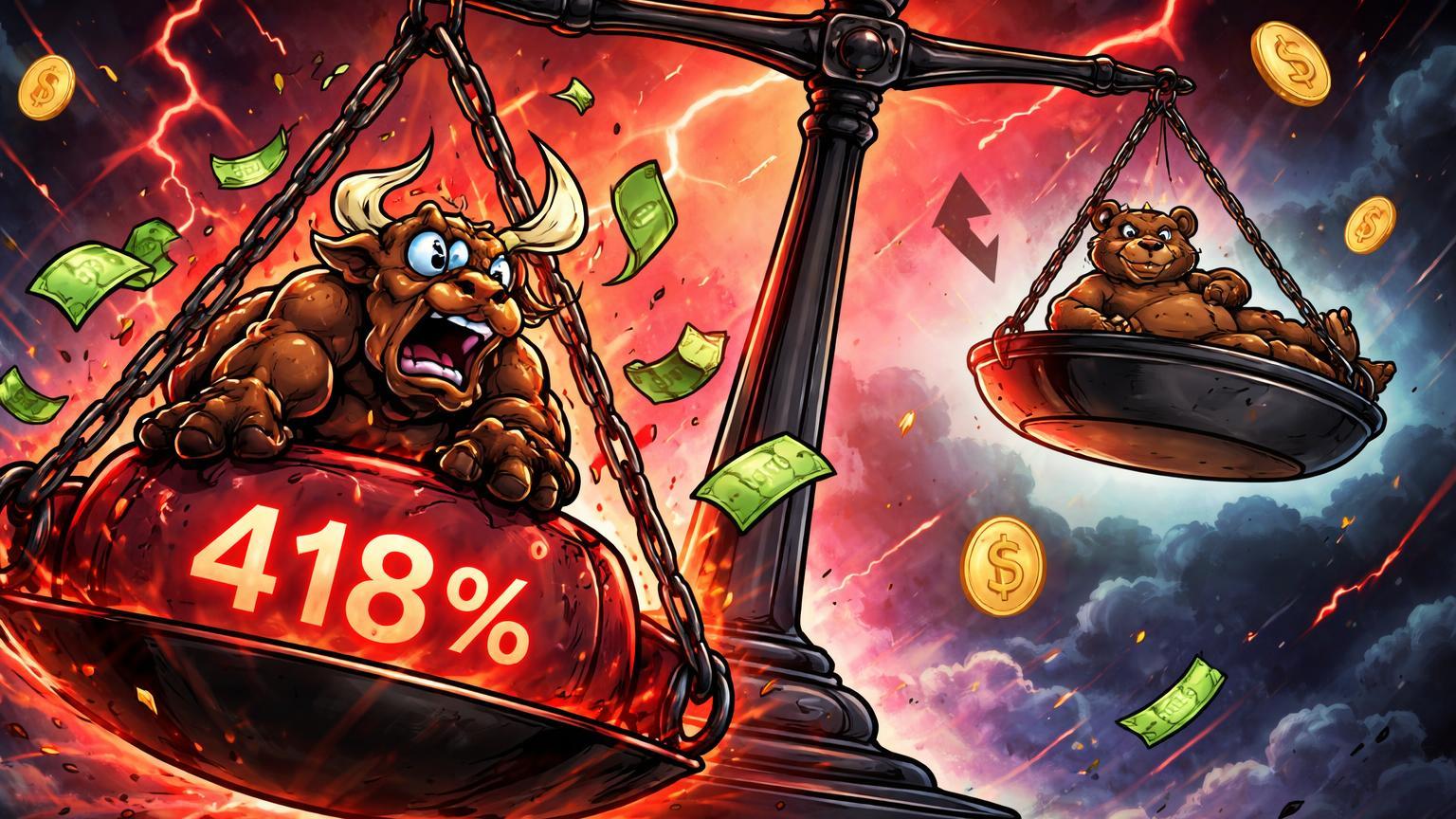 Balança desequilibrada com touro cartoon em pânico afundando sob peso '418%', urso relaxado oposto, ilustrando liquidações em Dogecoin