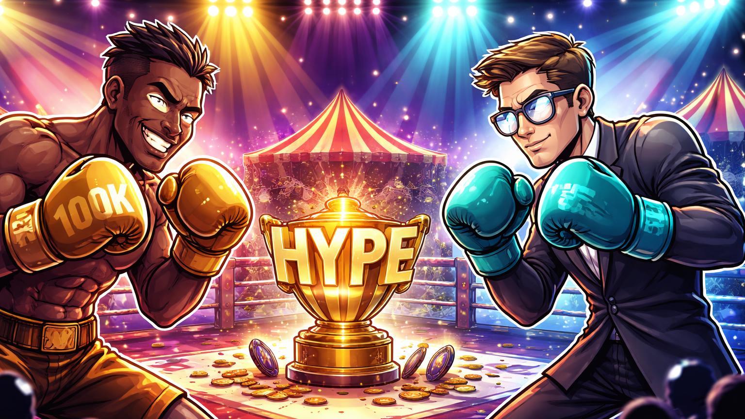 Dois bilionários cartoon em ringue de boxe com luvas marcadas 100K e troféu HYPE, satirizando aposta de Hayes contra Samani no circo cripto