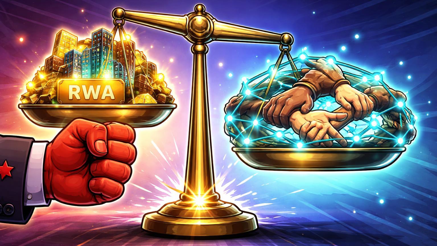 Balança cartoon com punho estatal vermelho segurando RWAs contra rede cripto cyan global, simbolizando regulação rígida da China