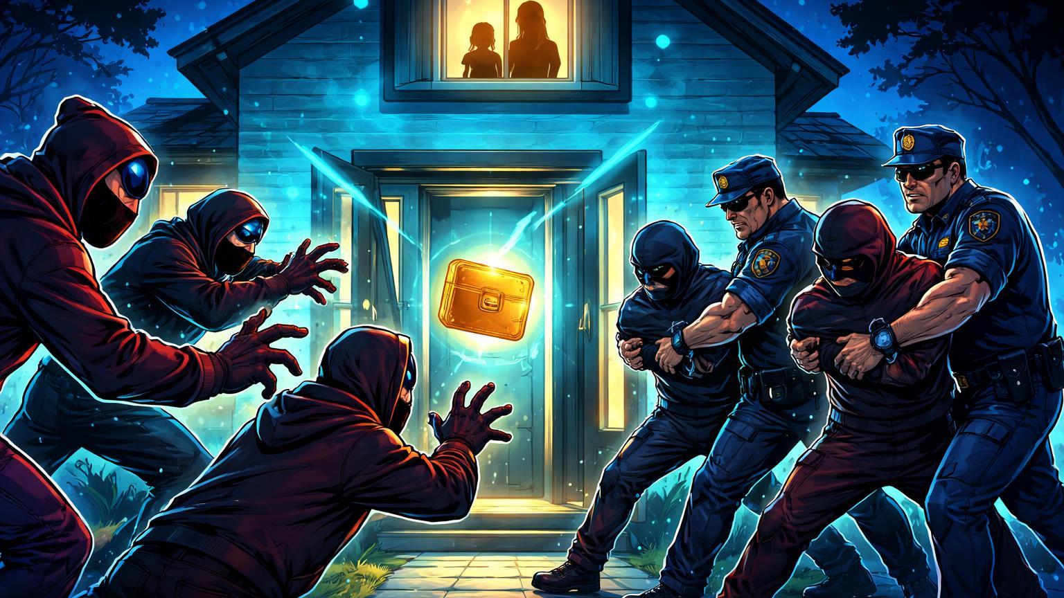 Criminosos cartoon cercando casa segura com carteira cripto enquanto polícia os algema, ilustrando riscos de sequestro por resgate em França