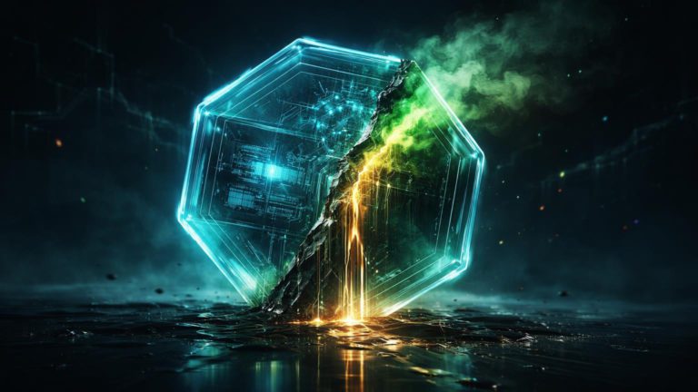 Wallet digital hexagonal translúcida com rachadura permitindo gás tóxico verde drenar energia dourada, simbolizando scams de phishing e address poisoning