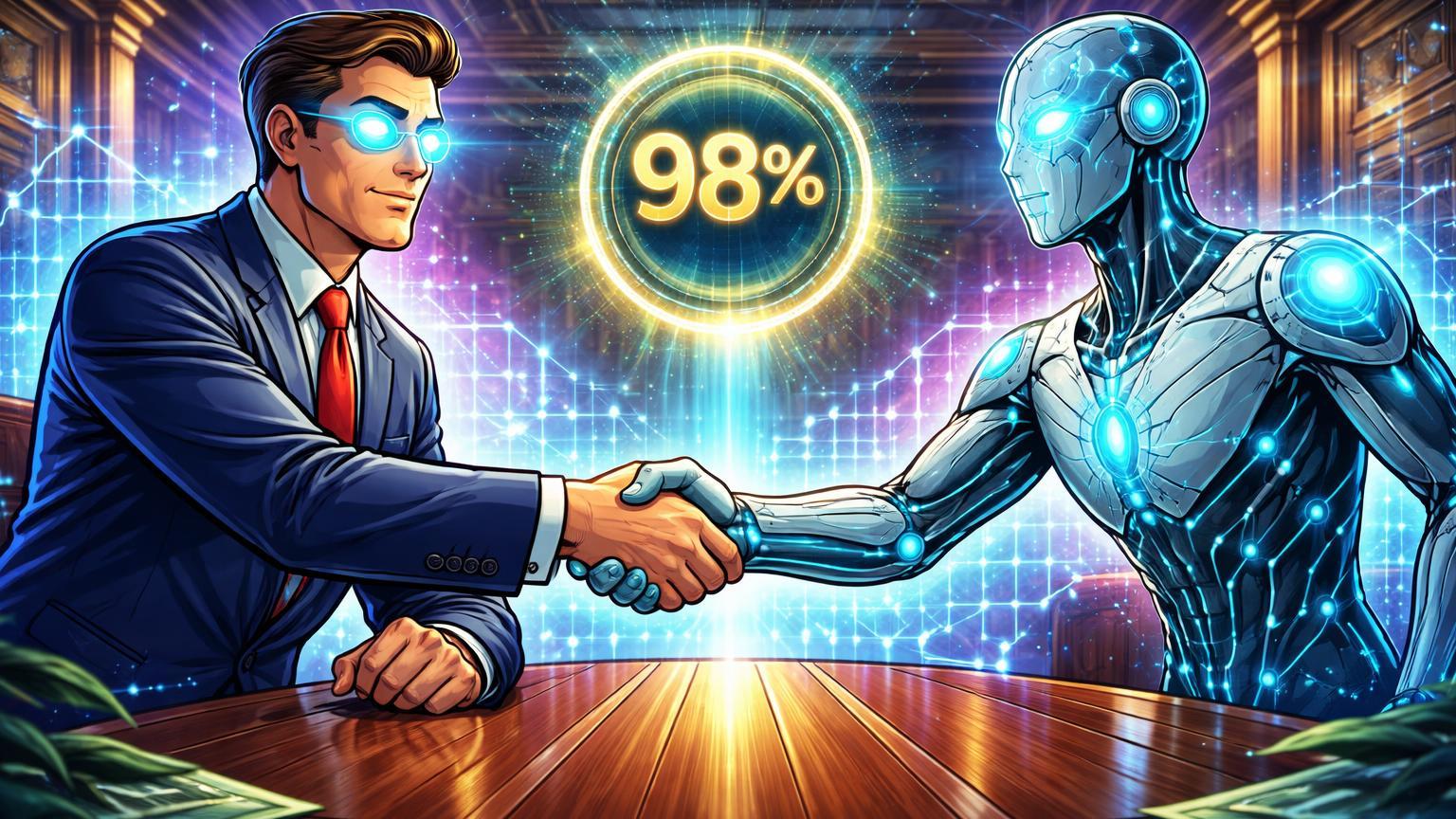 Executivo bancário cartoon com olhos IA apertando mão de entidade neural, selo 98% holográfico, simbolizando dominação de algoritmos nos bancos