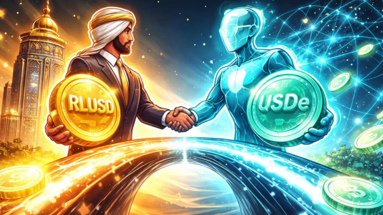 Personagens cartoon de banqueiro árabe e figura DeFi conectando tokens RLUSD e USDe sobre ponte luminosa, simbolizando expansão Ripple e recompensas HTX
