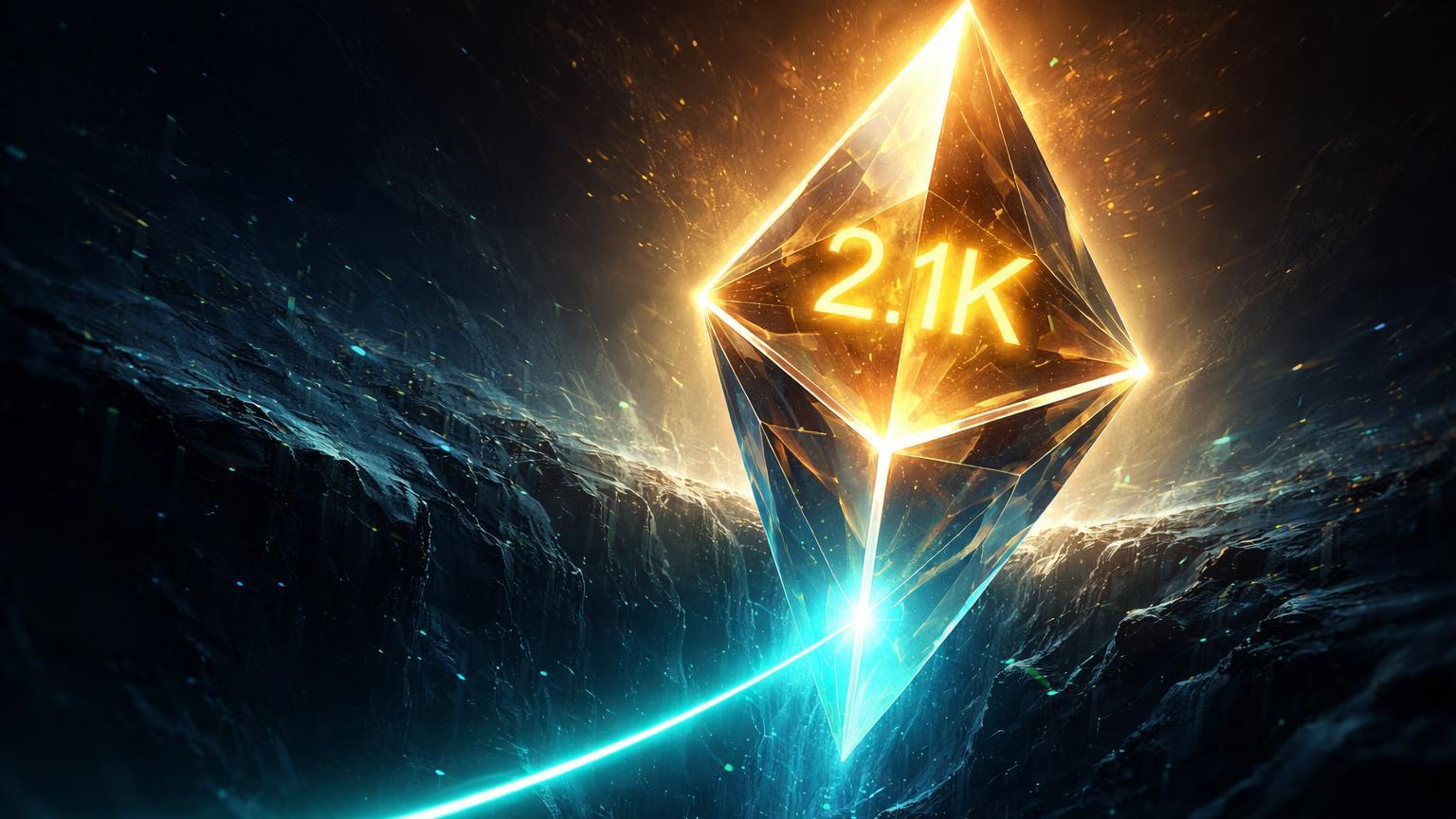 Prisma Ethereum emergindo de abismo digital guiado por linha MVRV cyan, refratando luz dourada com 2.1K, sinalizando fundo após capitulação