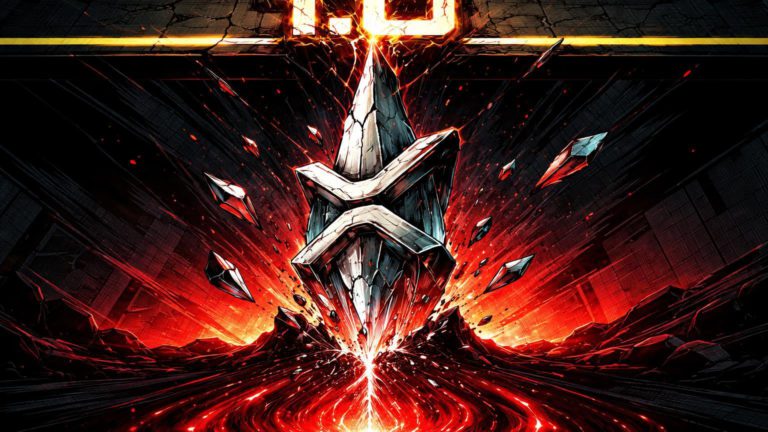 Linha bold 1.0 rompida com torre cristalina XRP fragmentando em vórtice vermelho, sinalizando capitulação de holders menores pelo SOPR