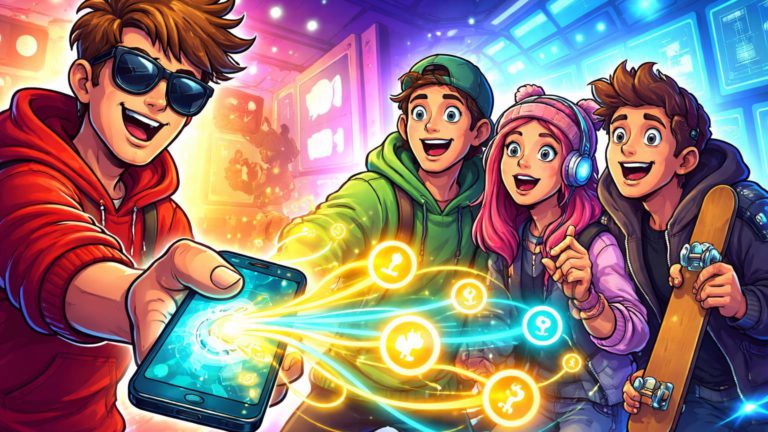 Influencer cartoon entregando smartphone com fluxos cripto a jovens Gen Z empolgados, simbolizando aquisição do banco Step por MrBeast