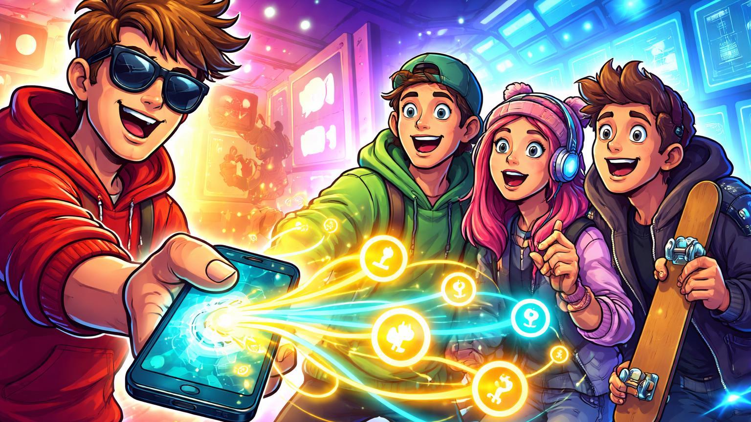 Influencer cartoon entregando smartphone com fluxos cripto a jovens Gen Z empolgados, simbolizando aquisição do banco Step por MrBeast