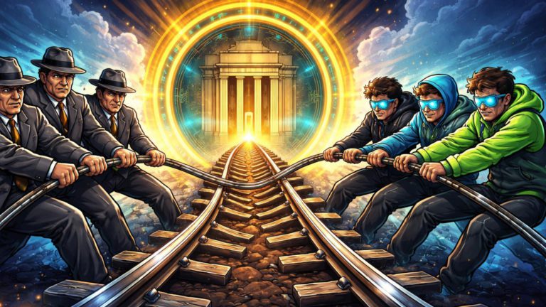 Personagens cartoon de banqueiros tradicionais e inovadores fintech cripto disputando trilhos de trem para portal do Fed, simbolizando guerra pelo controle de pagamentos