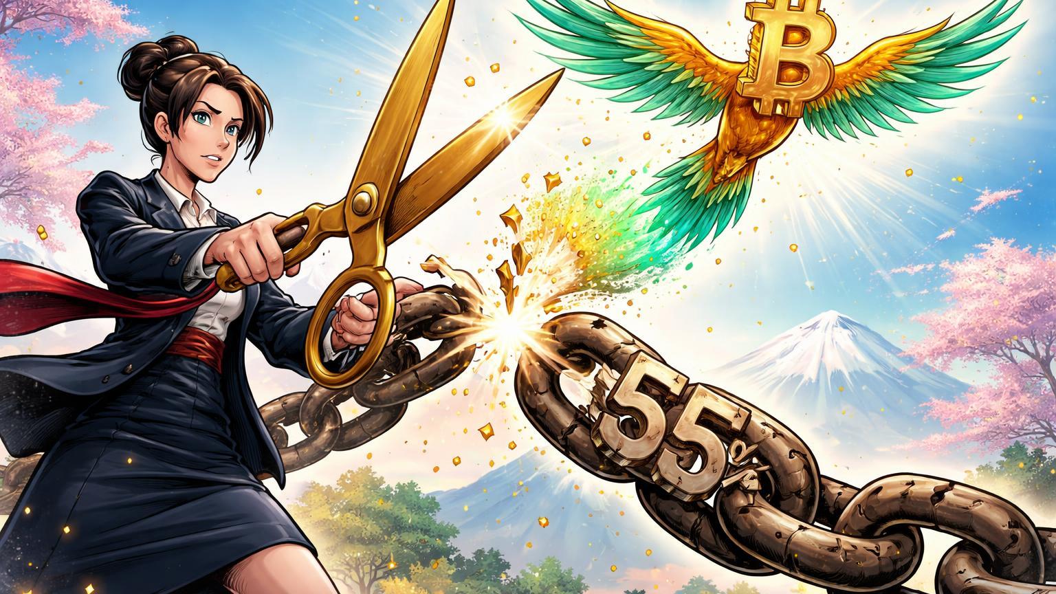 Figura política cartoon cortando correntes de impostos com tesouras douradas, libertando Bitcoin alado, celebrando corte tributário no Japão