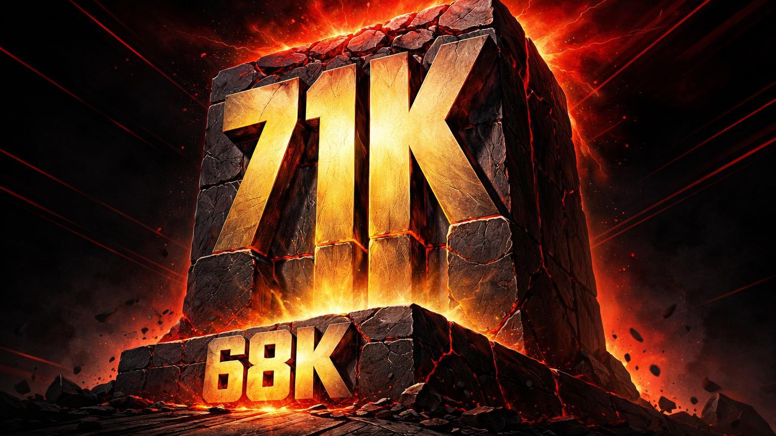 Barreira bold com 71K rachando sob pressão vermelha, base 68K frágil tremendo, simbolizando resistência técnica e suporte sob risco no Bitcoin