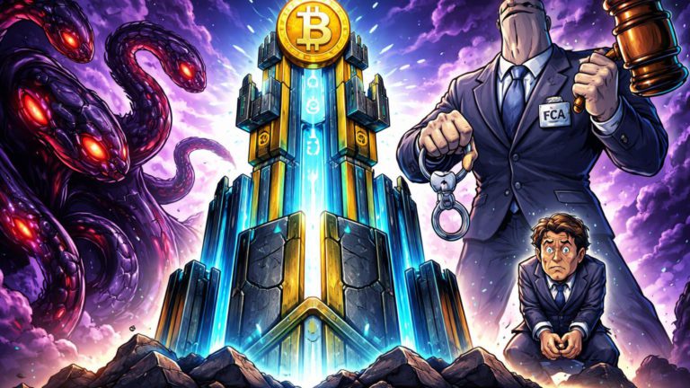 Fortaleza cripto cartoon cercada por tentáculos malware IA e regulador com algemas, simbolizando ataques cibernéticos e cerco regulatório